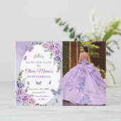 Quinceañera Paarse Lila Floral Tiara Butterflies Save The Date (Staand voorkant)