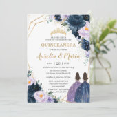 Quinceañera Paarse Lila marine Blue Floral Twins Kaart (Staand voorkant)