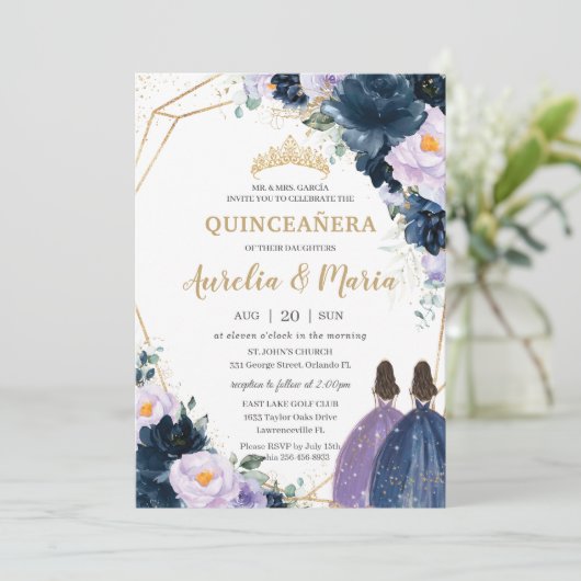 Quinceañera Paarse Lila marine Blue Floral Twins Kaart (Staand voorkant)