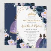 Quinceañera Paarse Lila marine Blue Floral Twins Kaart (Voorkant / Achterkant)