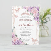 Quinceañera Paarse Lila Roze Bloemen Roos Goud Kaart (Staand voorkant)