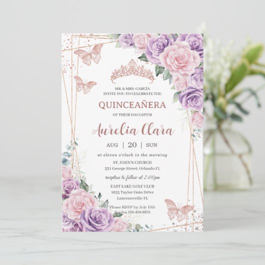 Quinceañera Paarse Lila Roze Bloemen Roos Goud Kaart (Staand voorkant)