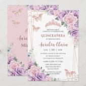Quinceañera Paarse Lila Roze Bloemen Roos Goud Kaart (Voorkant / Achterkant)