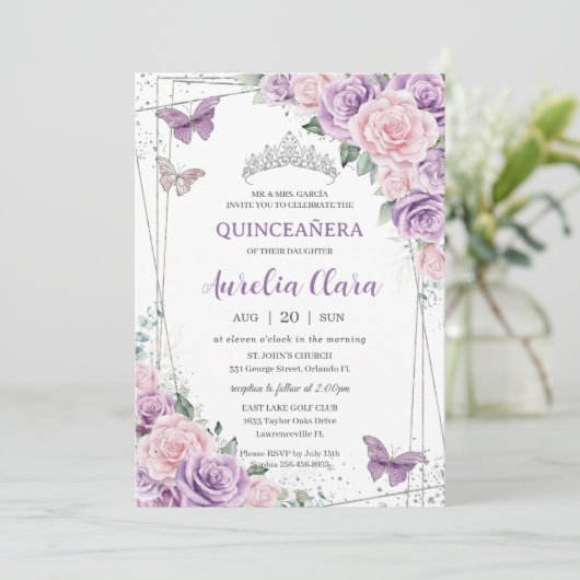 Quinceañera Paarse Lila roze bloemvlinders Kaart (Staand voorkant)