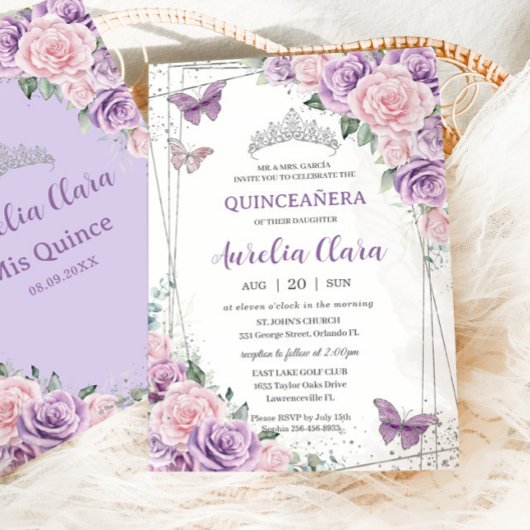 Quinceañera Paarse Lila roze bloemvlinders Kaart