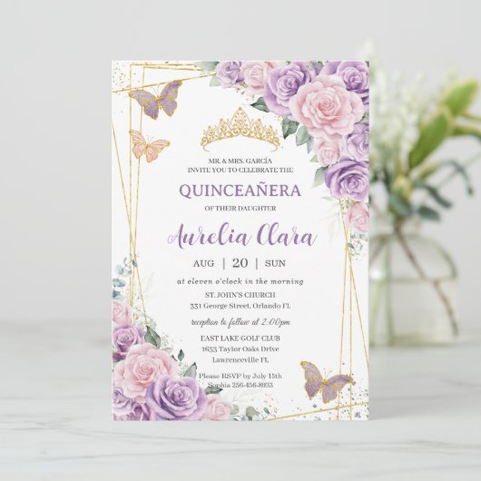 Quinceañera Paarse Lila roze bloemvlinders Kaart (Staand voorkant)