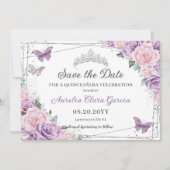Quinceañera Paarse Lila Roze Bloemzoet Zestien Save The Date (Voorkant)