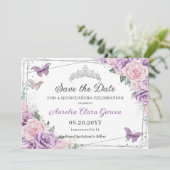 Quinceañera Paarse Lila Roze Bloemzoet Zestien Save The Date (Staand voorkant)
