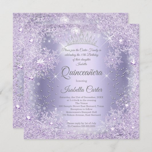 Quinceanera Paarse Lila Snowflake Winter Kaart (Voorkant / Achterkant)