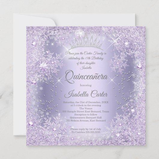 Quinceanera Paarse Lila Snowflake Winter Kaart (Voorkant)