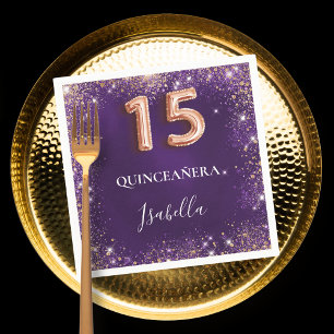 Quinceanera paarse roos gouden fonkelt naam servet