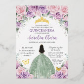 Quinceañera Paarse Roze Bloemen Wijze Groene Jurk Folie Uitnodiging (Voorkant)