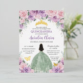 Quinceañera Paarse Roze Bloemen Wijze Groene Jurk Folie Uitnodiging (Staand Voorkant)