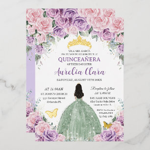 Quinceañera Paarse Roze Bloemen Wijze Groene Jurk Folie Uitnodiging