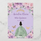Quinceañera Paarse Roze Bloemen Wijze Groene Jurk Folie Uitnodiging (Achterkant)