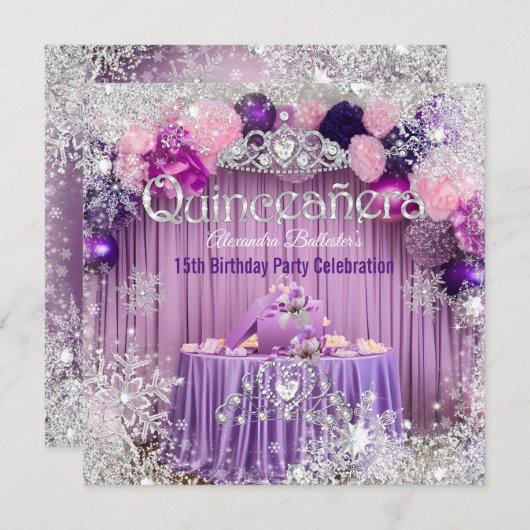 Quinceanera Paarse roze Silver Tiara Snowflake Kaart (Voorkant / Achterkant)