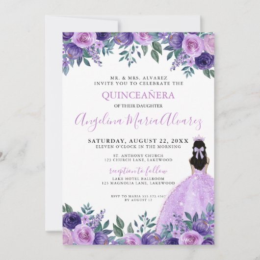 Quinceañera Paarse Rozen Bloemen Kaart (Voorkant)