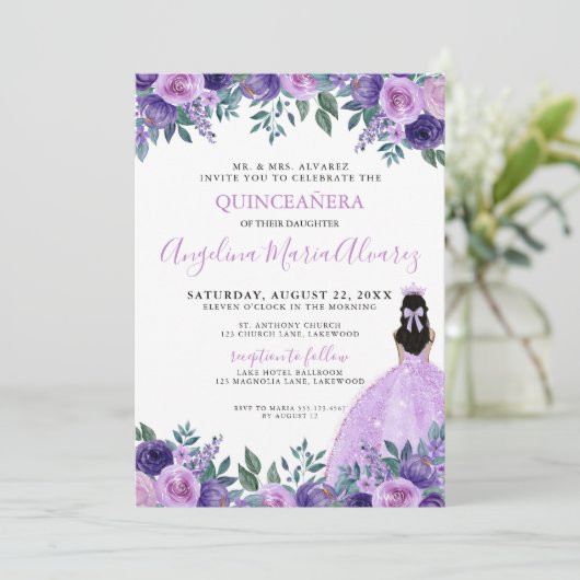 Quinceañera Paarse Rozen Bloemen Kaart (Staand voorkant)