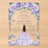 Quinceañera Paarse Rozen Bloemen Zilveren Prinses Acryl Uitnodigingen (Voorkant)