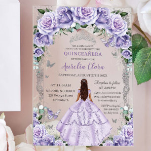 Quinceañera Paarse Rozen Bloemen Zilveren Prinses Acryl Uitnodigingen