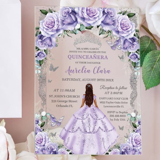 Quinceañera Paarse Rozen Bloemen Zilveren Prinses Acryl Uitnodigingen