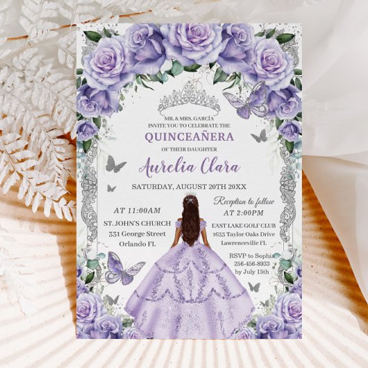 Quinceañera Paarse Rozen Bloemen Zilveren Prinses Kaart