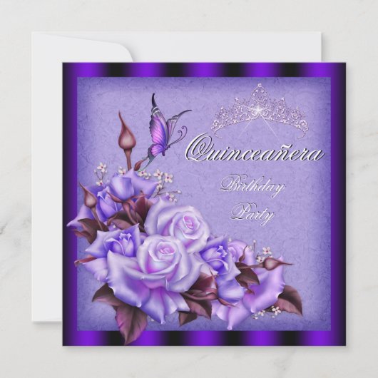 Quinceanera Paarse Rozen vlinderbloemigen Kaart (Voorkant)