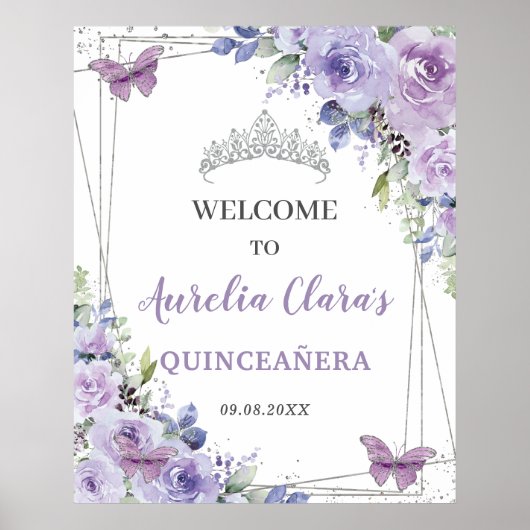 Quinceañera Paarse Sering Bloem Zilveren Vlinders Poster (Voorkant)