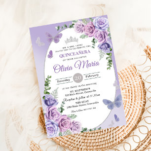 Quinceañera Paarse Sering Bloemen Tiara Vlinders Kaart