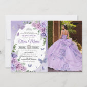 Quinceañera Paarse Sering Bloemen Tiara Vlinders Kaart (Voorkant)