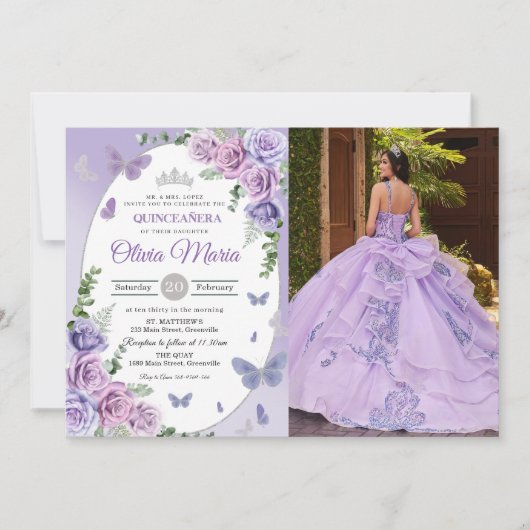 Quinceañera Paarse Sering Bloemen Tiara Vlinders Kaart (Voorkant)