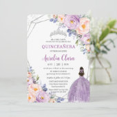 Quinceañera Paarse Sering Kleur Bloem Zilveren Jur Kaart (Staand voorkant)