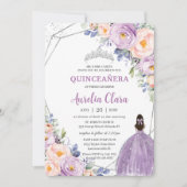 Quinceañera Paarse Sering Kleur Bloem Zilveren Jur Kaart (Voorkant)