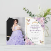 Quinceañera Paarse Sering Roze Bloemen Vlinders Kaart (Staand voorkant)