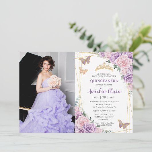 Quinceañera Paarse Sering Roze Bloemen Vlinders Kaart (Staand voorkant)