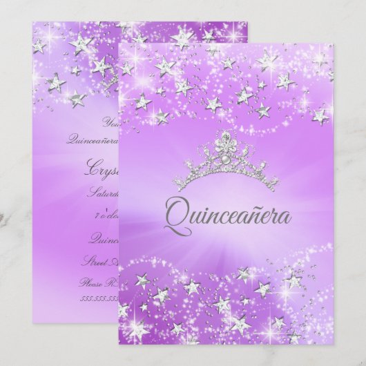 Quinceanera Paarse Silver Sparkle Tiara Stars Kaart (Voorkant / Achterkant)