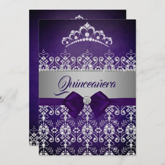 Quinceanera Paarse Sparkle Diamond Tiara Bow Kaart (Voorkant / Achterkant)