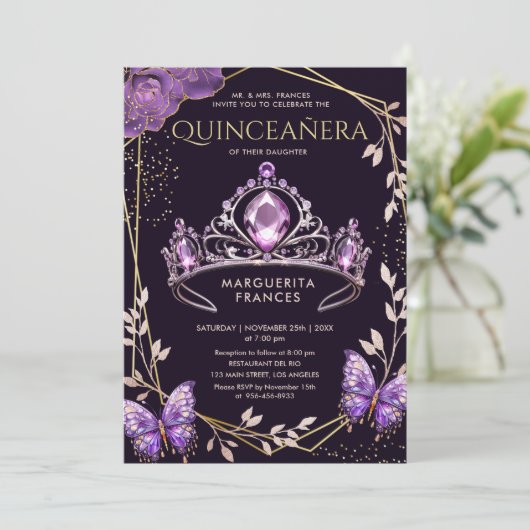 Quinceañera Paarse Tiara Bloemenvlinder Elegant Kaart (Staand voorkant)
