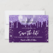Quinceanera paarse violette sprankelende ballonnen save the date (Voorkant)