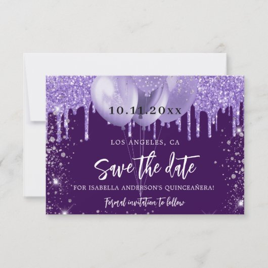 Quinceanera paarse violette sprankelende ballonnen save the date (Voorkant)