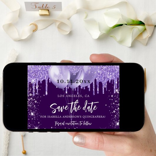Quinceanera paarse violette sprankelende ballonnen save the date