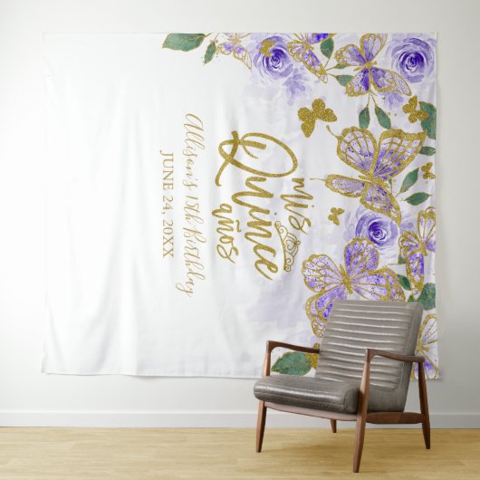 Quinceanera Paarse Vlinders Bloemstuk Achtergrond Wandkleed (In Situ (horizontaal))