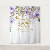 Quinceanera Paarse Vlinders Bloemstuk Achtergrond Wandkleed (Voorkant)