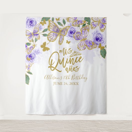 Quinceanera Paarse Vlinders Bloemstuk Achtergrond Wandkleed (Voorkant)