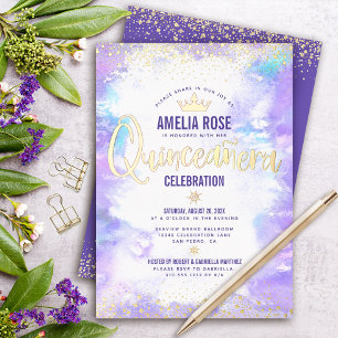 Quinceañera Paarse Watercolor Glam Kroon Echt Goud Folie Uitnodiging