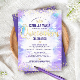 Quinceañera Paarse Waterverf Chic Crown Real Gold Folie Uitnodiging