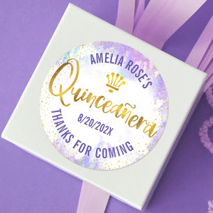 Quinceañera Paarse Waterverf Gold Foil Elegant Ronde Sticker