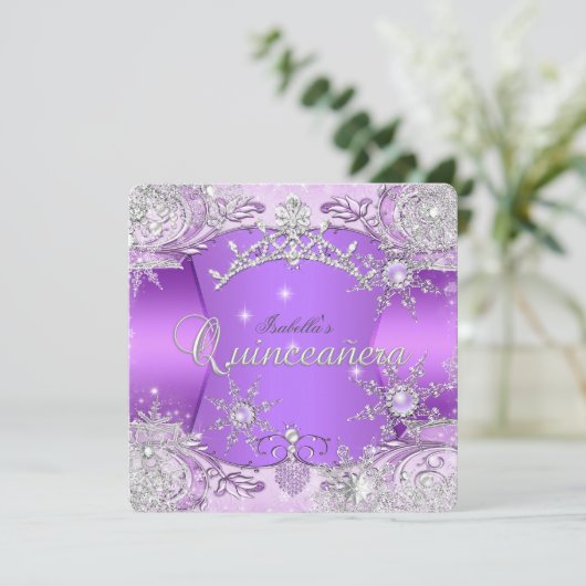 Quinceanera Paarse Winter Wonderland Sneeuwvlokken Kaart (Staand voorkant)