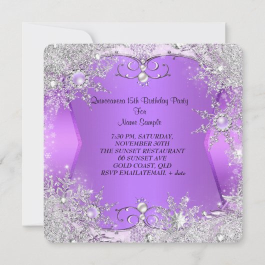 Quinceanera Paarse Winter Wonderland Sneeuwvlokken Kaart (Achterkant)