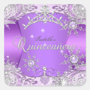 Quinceanera Paarse Winter Wonderland Sneeuwvlokken Vierkante Sticker